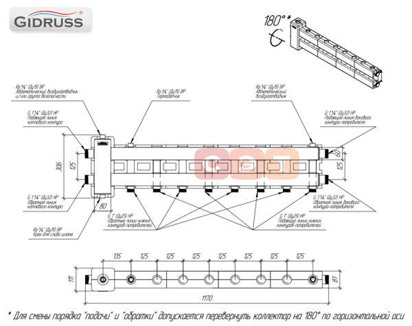Балансировочный коллектор из нерж. стали BMSS-80-5D.EPP5D (котёл G 1″1/4, 4 контура G 1″+ 1 боковой контур G 1¼″)
